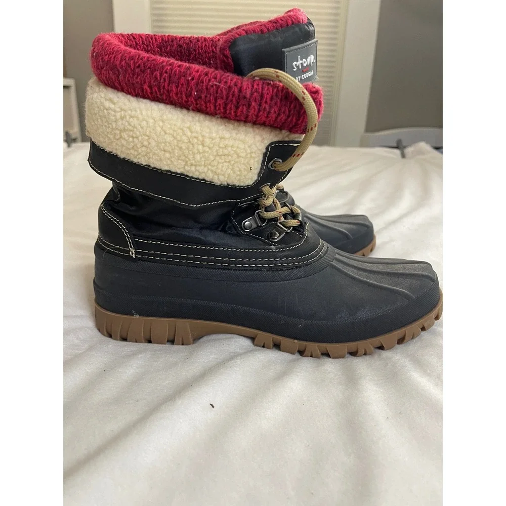 Storm by Cougar Creek Womens Black Red Knit Cuff Duck Winter Snow Boots Size 9